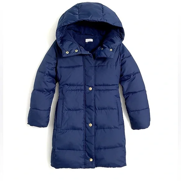 J Crew Crewcuts Long Puffer Coat Jacket Girls Size 5 / XS Navy Blue Hooded Parka - Picture 1 of 11